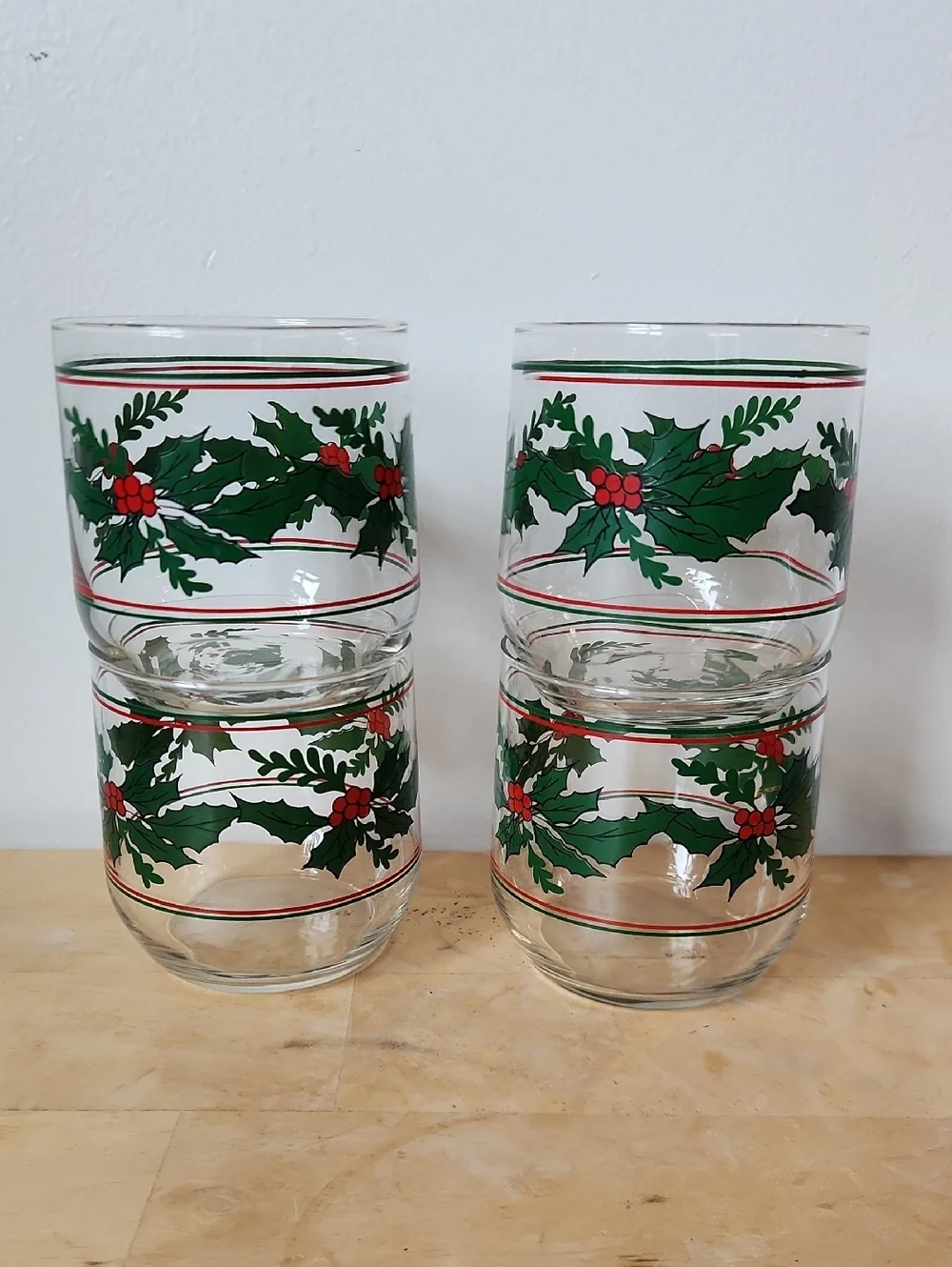 Vintage Libbey Holiday Holly Berry Low Ball Glasses Set of 4